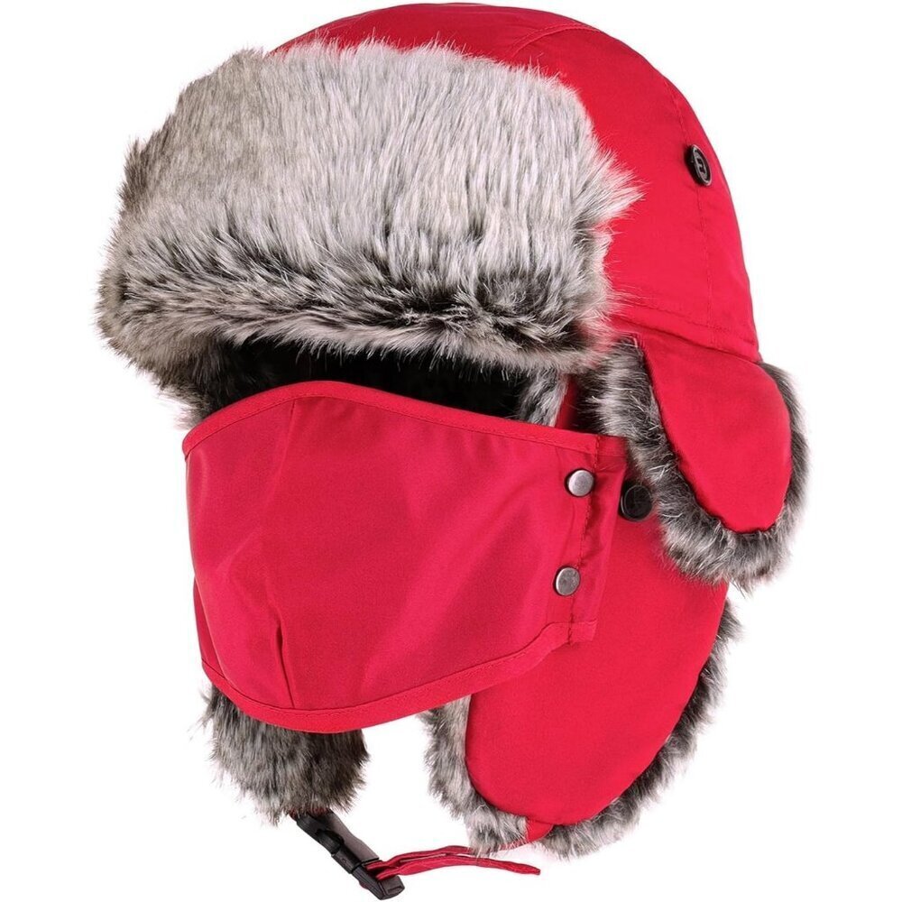 Men Red Waterproof Ushanka Trapper Hat with Ear Flaps & Chin Strap